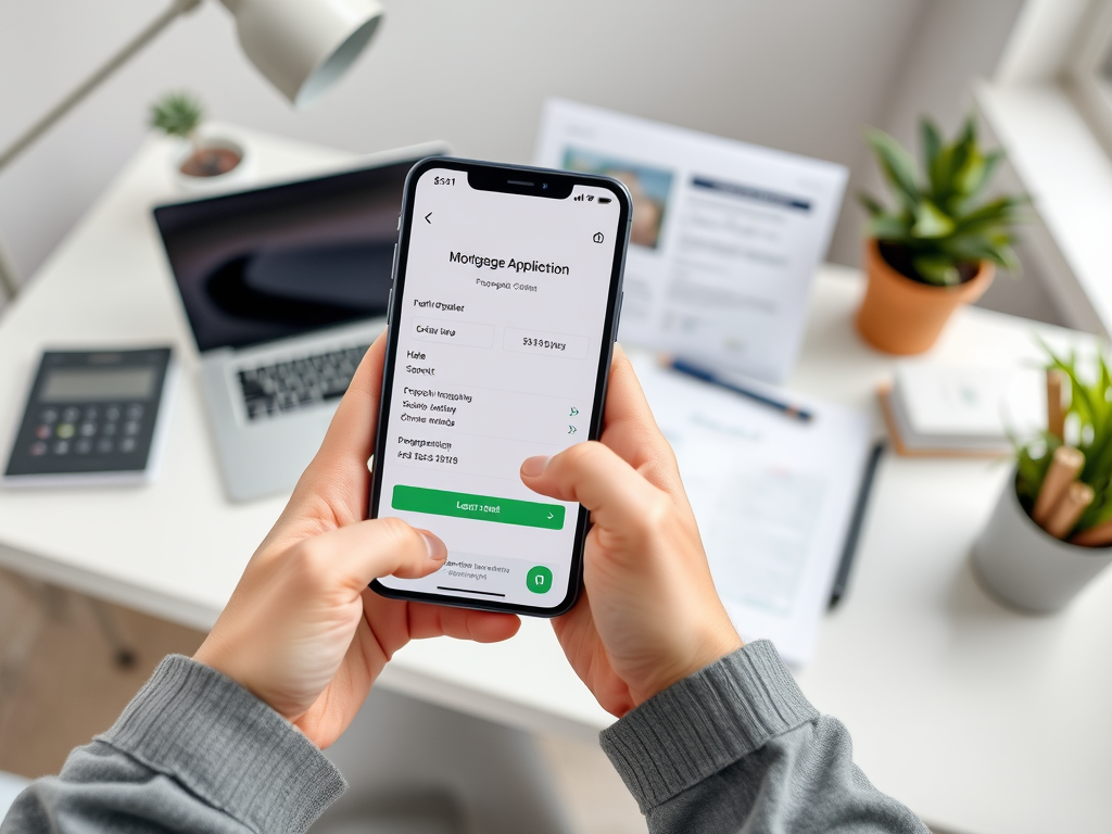 На изображении человек заполняет заявку на ипотеку на смартфоне, рядом с ним ноутбук и документы.