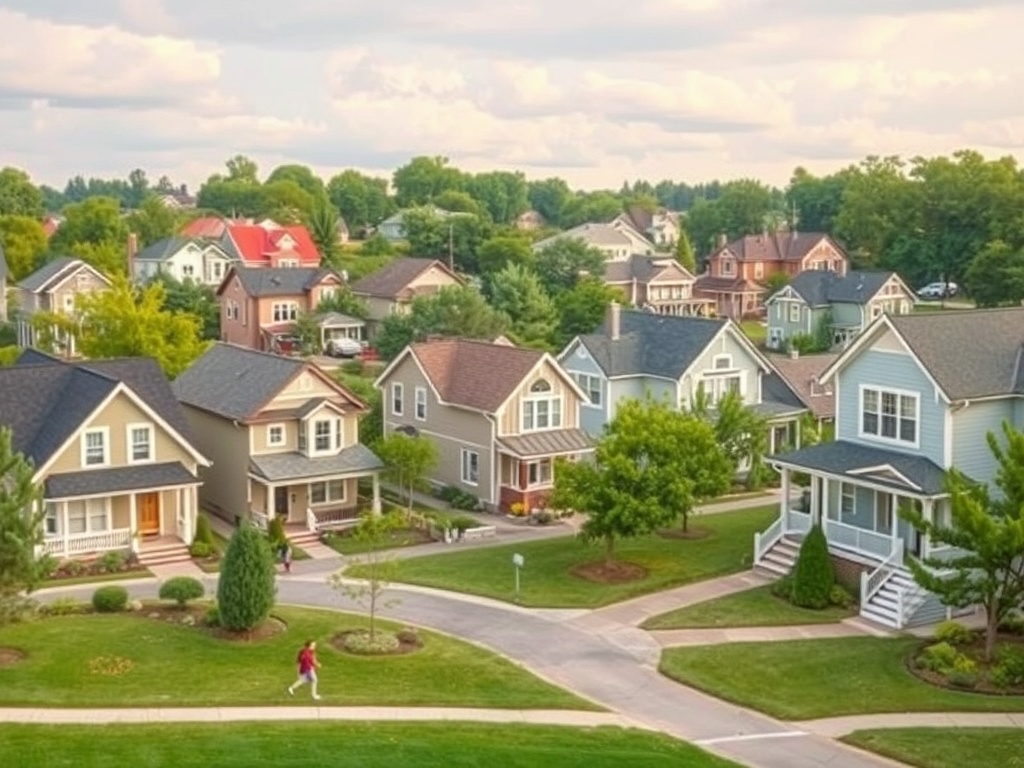 На изображении современный жилой район с домами, зелеными деревьями и пешеходом, идущим по улице.