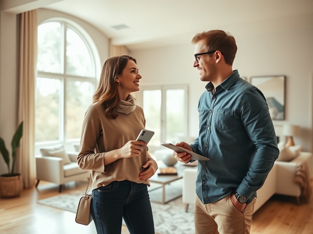 Молодая пара общается в светлом помещении, оба держат в руках мобильные устройства и улыбаются друг другу.