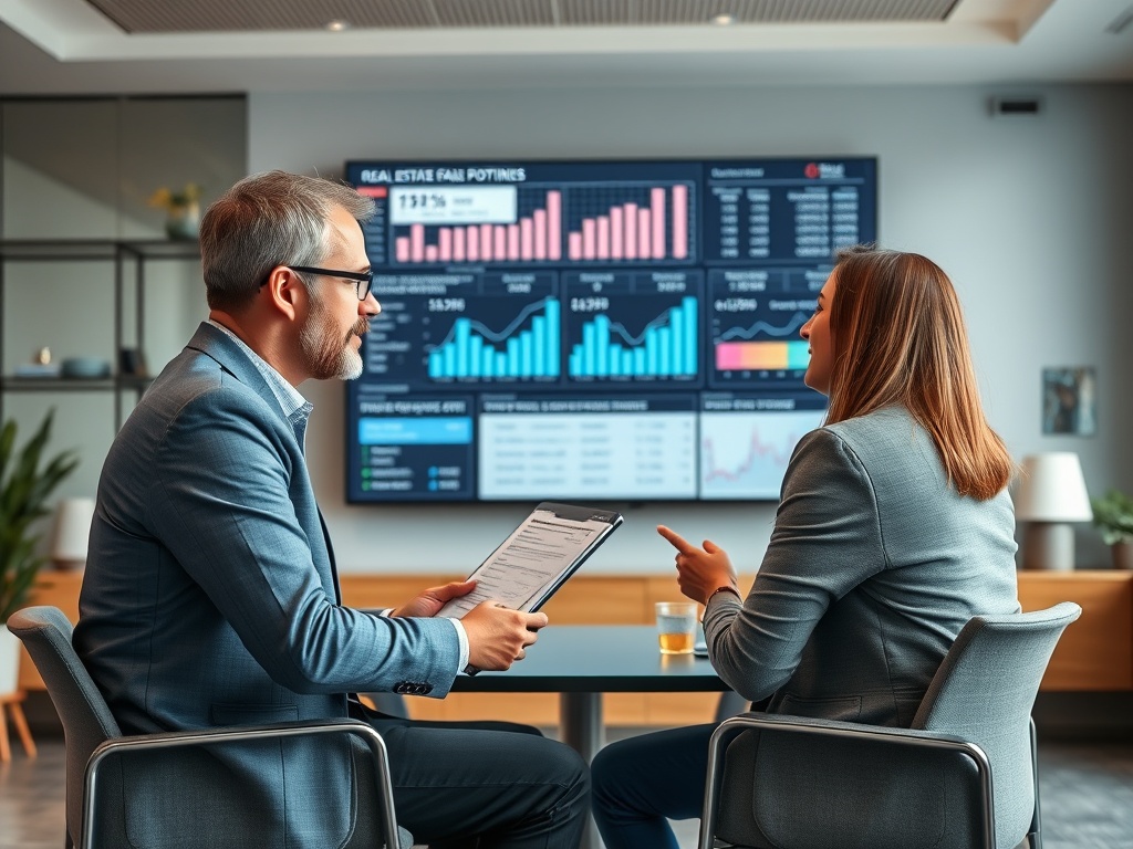 Два человека обсуждают данные рынка недвижимости перед экраном с графиками и таблицами.