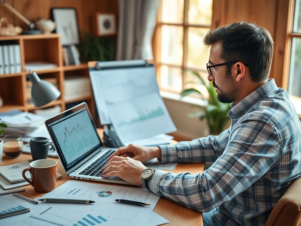 Человек работает за столом с ноутбуком, графиками и чашкой кофе в уютном офисе.