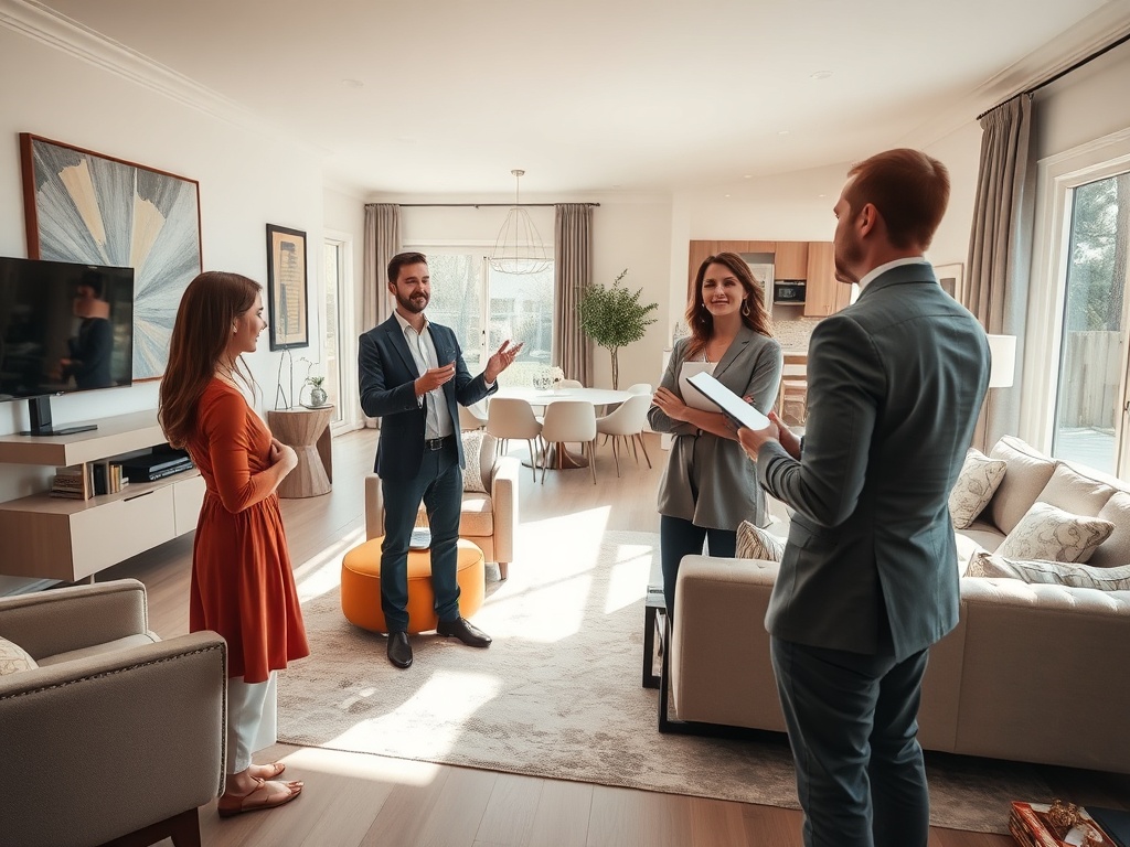 Четыре человека общаются в светлой комнате, обсуждая что-то важное в непринужденной атмосфере.