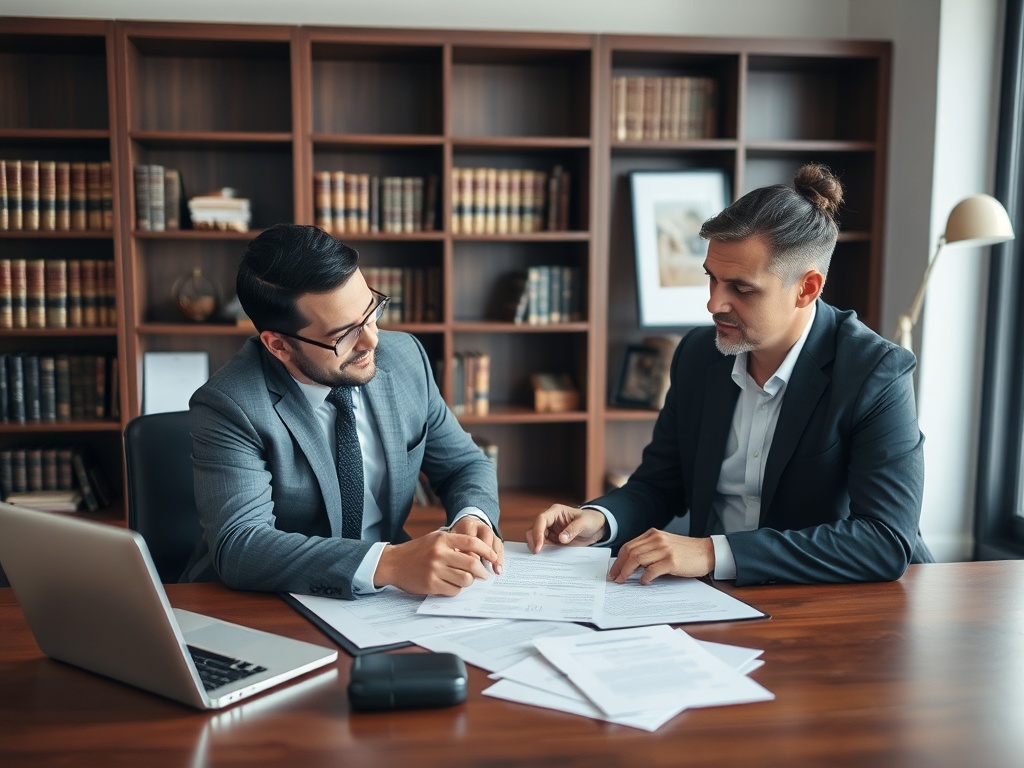 Два человека в деловых костюмах обсуждают документы за столом с ноутбуком и книгами на полках.