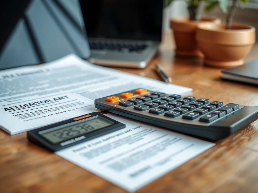 На столе лежат документы и калькуляторы, рядом ноутбук и горшки с растениями.