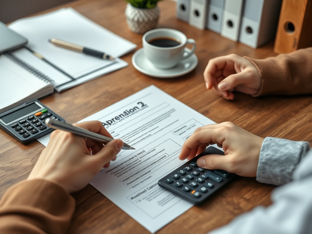 На столе лежат документы, калькуляторы и чашка кофе. Один человек заполняет анкету.