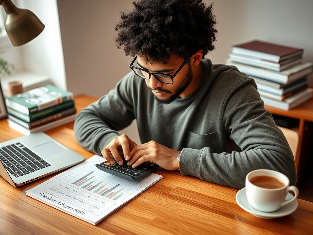 Мужчина с кудрявыми волосами работает с калькулятором на столе с графиками и чашкой кофе.