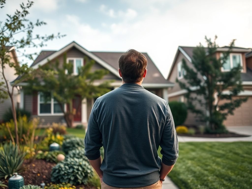 Мужчина стоит спиной к дому, рассматривая ландшафт с зелеными насаждениями и ухоженной территорией.