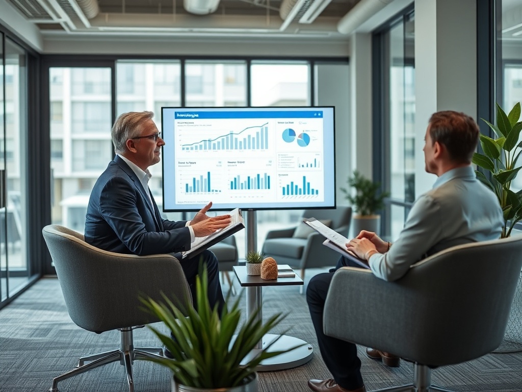 Два человека обсуждают данные на экране в современном офисе. Один из них показывает графики и диаграммы.